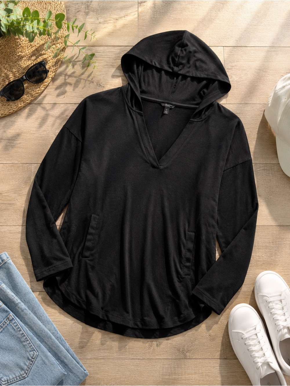 Banana Republic Luxespun Hoodie Women’s SM Black   V-Neck Pockets Soft Pullover - Picture 2 of 14